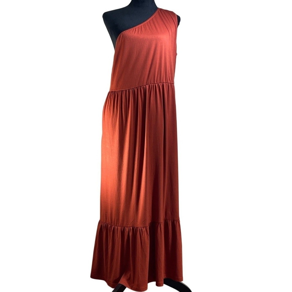 [NWT] ZESICA Womens XXL One Shoulder Maxi Dress Rust‎ Orange Viscose Boho Tiered